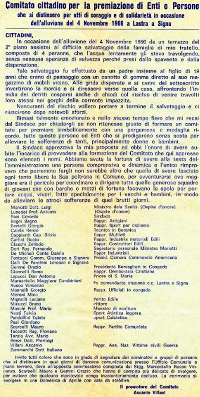 Alluvione del 4 Novembre 1966 a Lastra a Signa. Comitato cittadino per la premlazione di Enti e Persone 
che si distinsero per atti di coraggio e di solidarietà