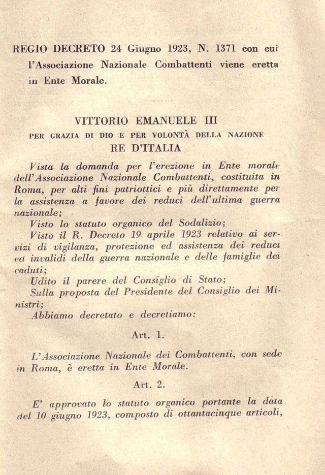 Associazione Nazionale Reduci. R.D. 24 giugno 1923