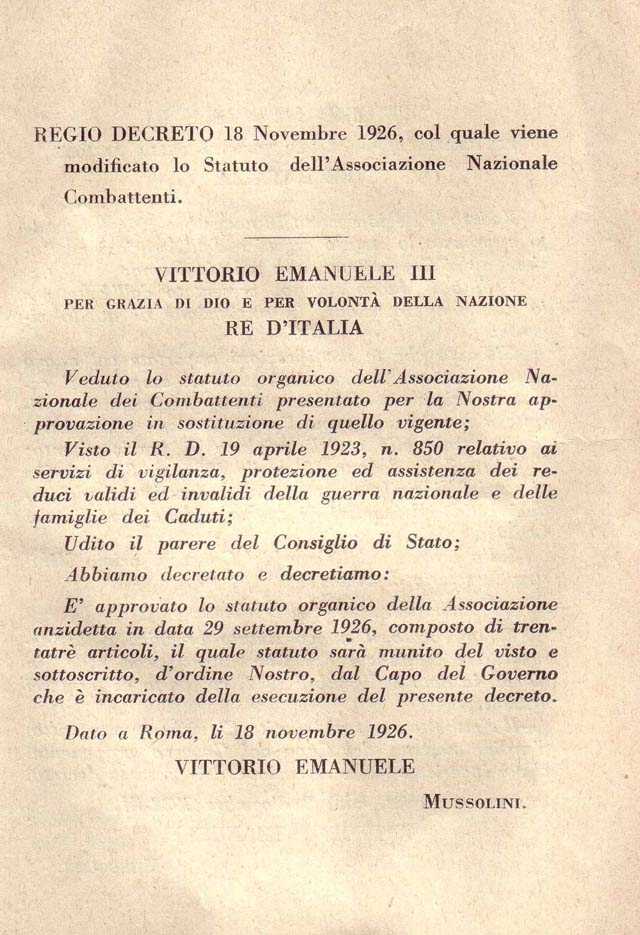 Associazione Nazionale Reduci. R.D. 24 giugno 1923