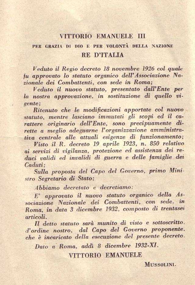 Associazione Nazionale Reduci. R.D. 24 giugno 1923