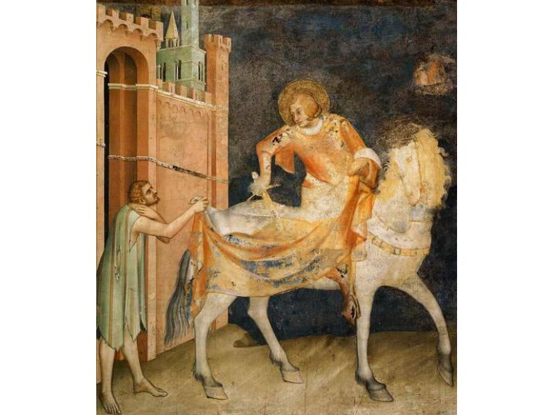 Simone Martini (1284 ca-1344 ca)<br>
San Martino divide il mantello <br>
1317, cm 265 x 230,<br> Chiesa Inf. S. Francesco <br>
Cappella di S.Martino, Assisi