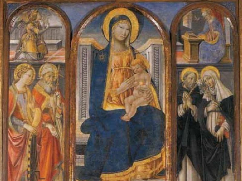 Madonna con Bambino tra santi, in alto Annunciazione (1480-1490 Neri Di Bicci e Maestro di Marradi) Malmantile foto 2005