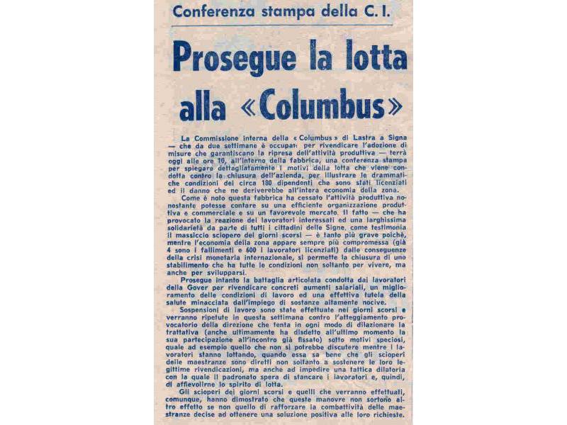 L'unità, 1 luglio 1968 per la Columbus di Lastra a Signa