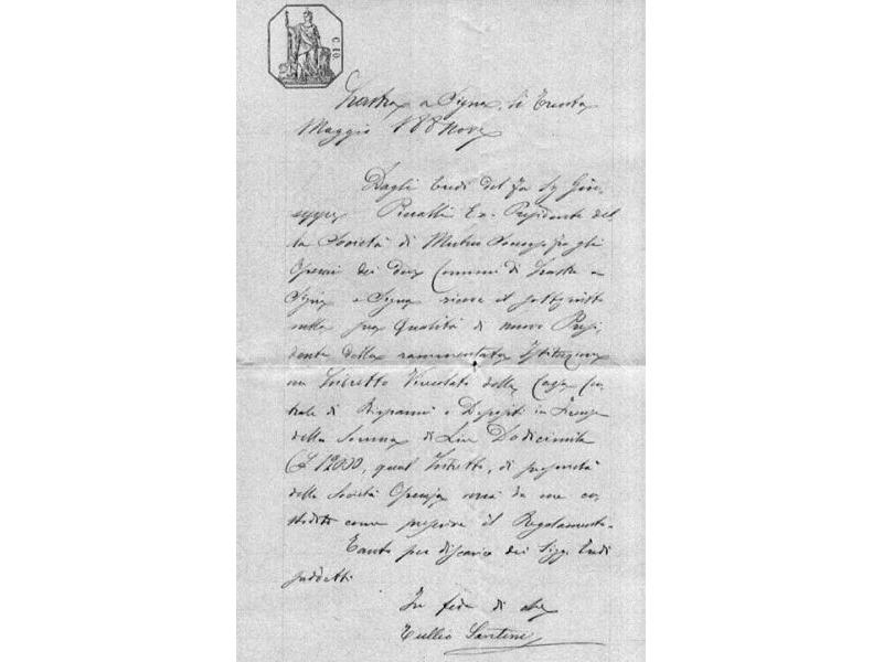 Lastra a Signa, 1889. Lettera relativa a deposito bancario società operaia