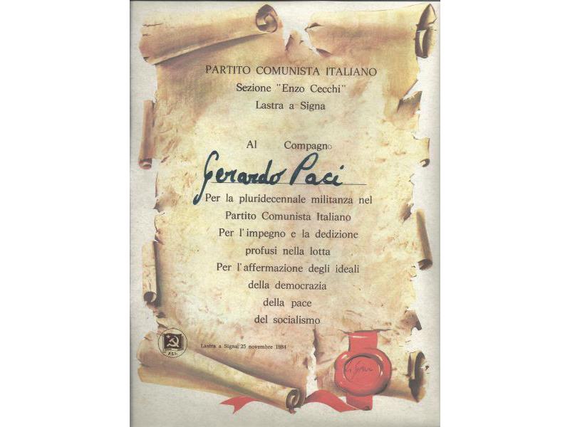 Attestato Sez. P.C.I. Enzo Cecchi  di Lastra (1984)
