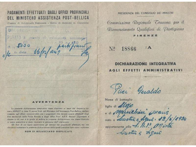Riconoscimento della qualifica di Partigiano, dichiarazione integrativa (A) (1944)