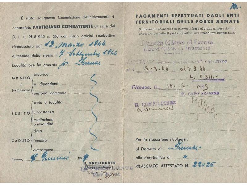Riconoscimento della qualifica di Partigiano, dichiarazione integrativa (B) (1944)