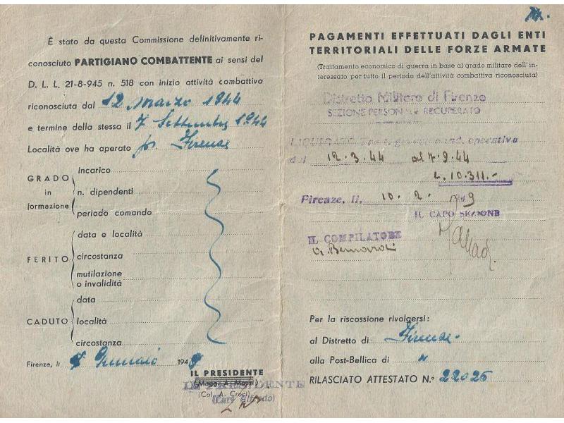 Riconoscimento della qualifica di Partigiano, dichiarazione integrativa (B) (1944)
