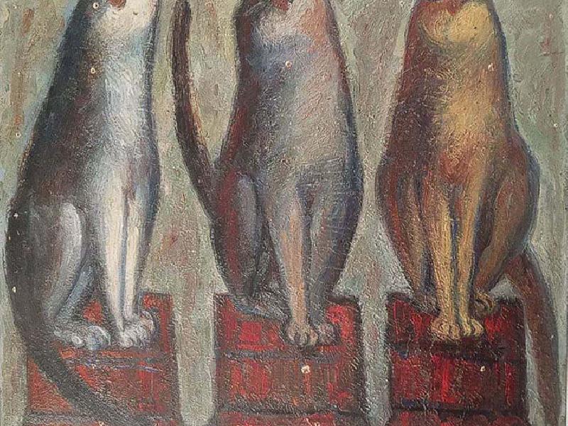 Gatti su sgabelli, 1984, Olio su mansonite, cm 63x48