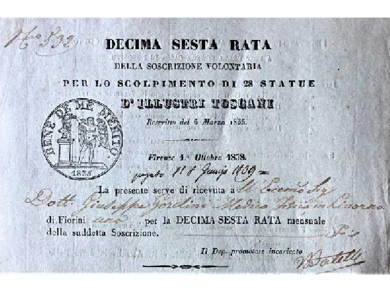 Modulo per la sedicesima rata per la sottoscrizione volontaria per eseguire 28 statue di illustri toscani. (anno 1838)