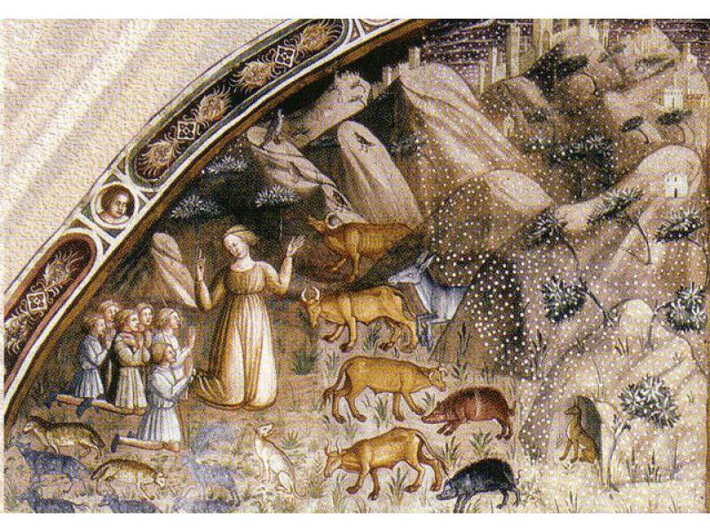 Salva gli animali da una forte tempesta. (Vita della Beata Giovanna. Autore ignoto,convenzionalmente Maestro di Signa XV sec.)