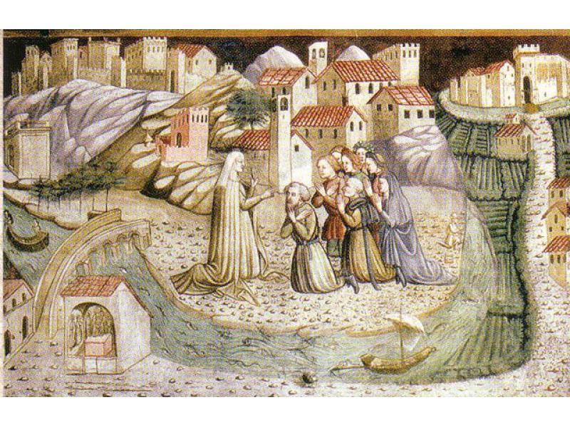 Rende la vista ad un cieco.(Vita della Beata Giovanna. Autore ignoto,convenzionalmente Maestro di Signa XV sec.)