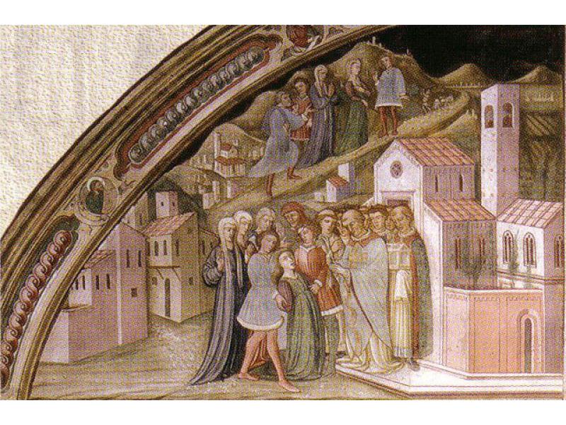 Dà aiuto a una donna che aveva perso la memoria. (Vita della Beata Giovanna. Autore ignoto,convenzionalmente Maestro di Signa XV sec.)