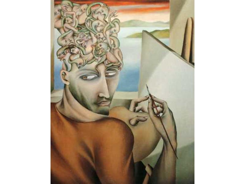 AUTORITRATTO CON FANTASMI OLIO SU TAVOLA 10X80 1985