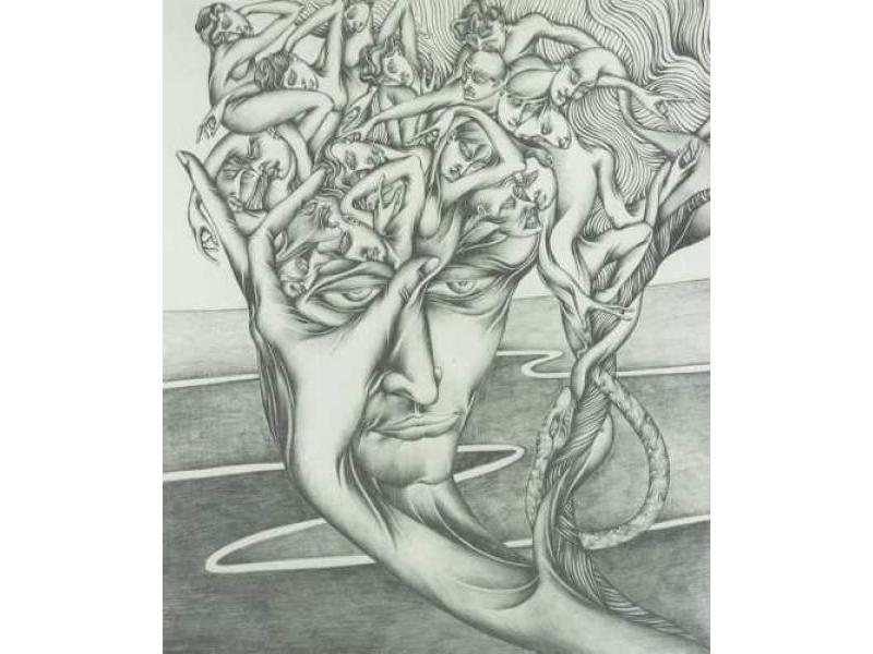 Autoritratto con ossessioni 1990 disegno a matita su gesso 50x60