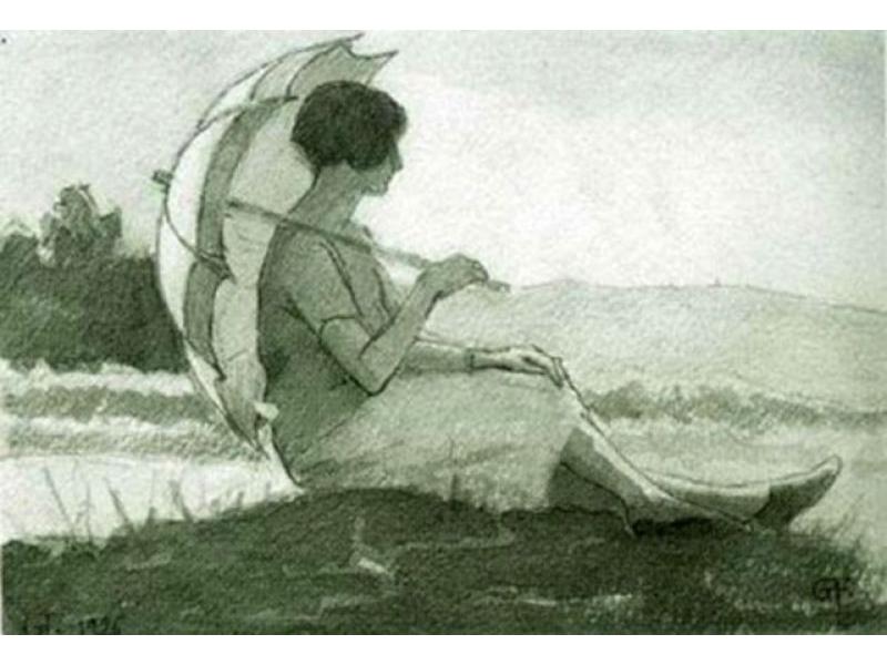 1926. Gerbina seduta con ombrellino, cupoli, Lastra a Signa. Acquarello monocromo 16x11