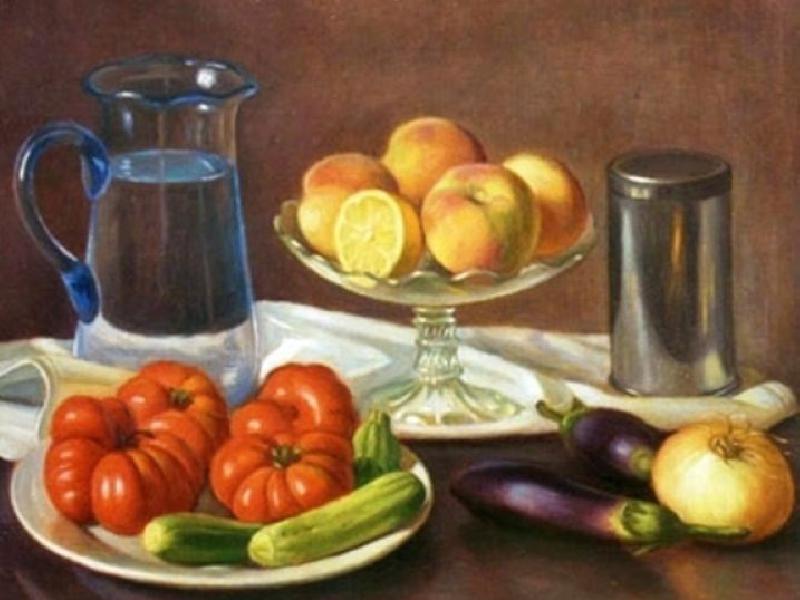 1937. Natura morta con brocca di vetro azzurro, Trieste, olio su tela, 51x41