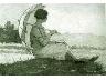 1926. Gerbina seduta con ombrellino, cupoli, Lastra a Signa. acquarello monocromo 16x11 (imm. 2 di 30)