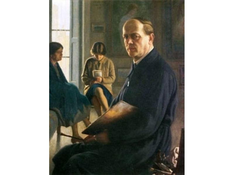 1928. Autoritratto nello studio con moglie e figlia, Orvieto, olio su tela, 68x88