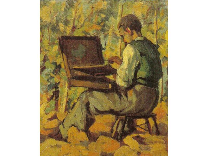 Pittore sul -motivo-, 1945. Olio su cartone,cm. 35x26