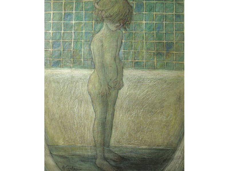Il bagno di Serena, 1968. tecnica mista su masonite, cm. 85x66