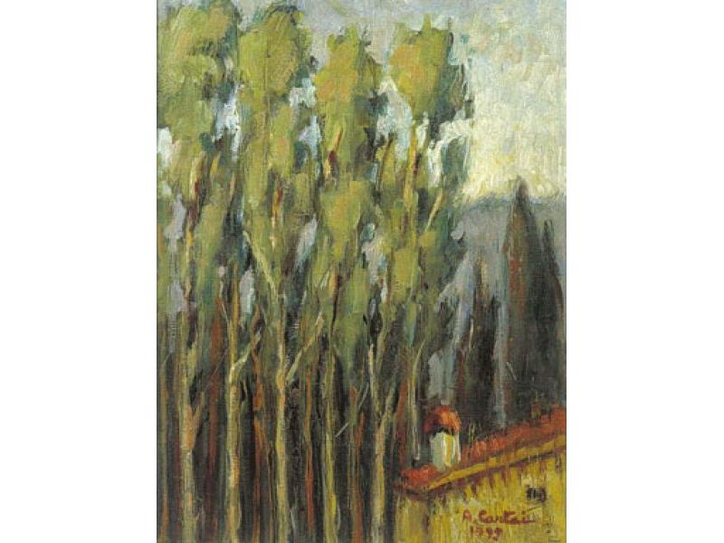 Alberi e casa (ultimo dipinto), 1995. Olio su cartone, cm. 51x37