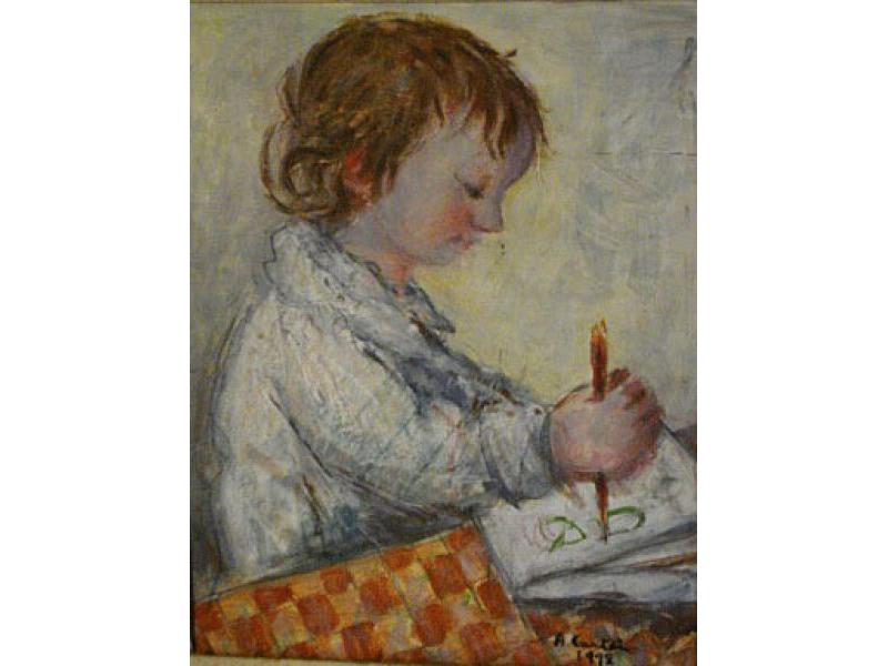 Caterina che disegna, 1992. Olio su cartone, cm. 48x36