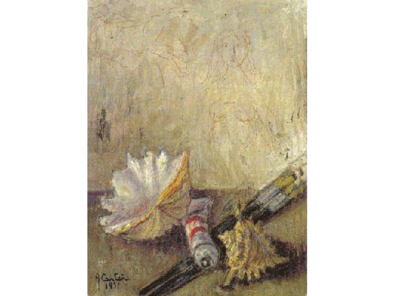 Conchiglie, pennelli e tubetto di colore, 1991. Olio su masonite, cm 60x41