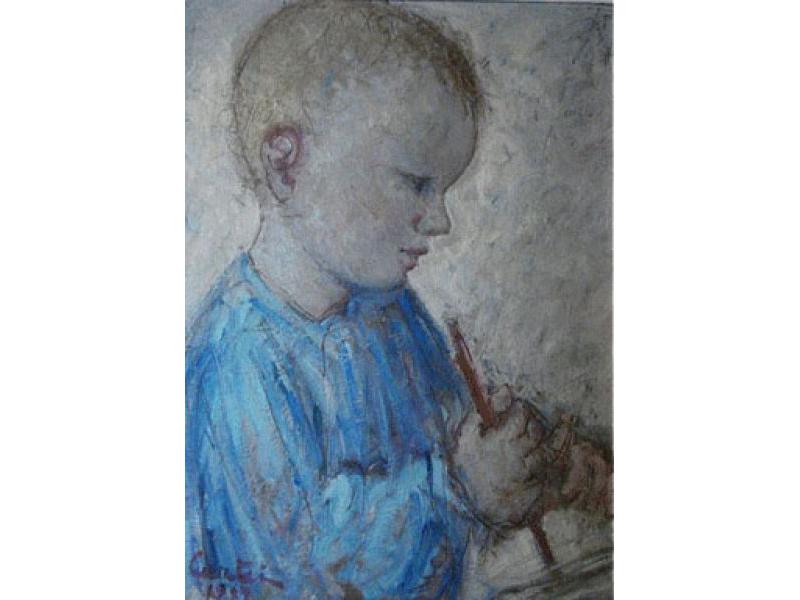 Giuseppe che disegna, 1987. Olio su cartone, cm. 40x30