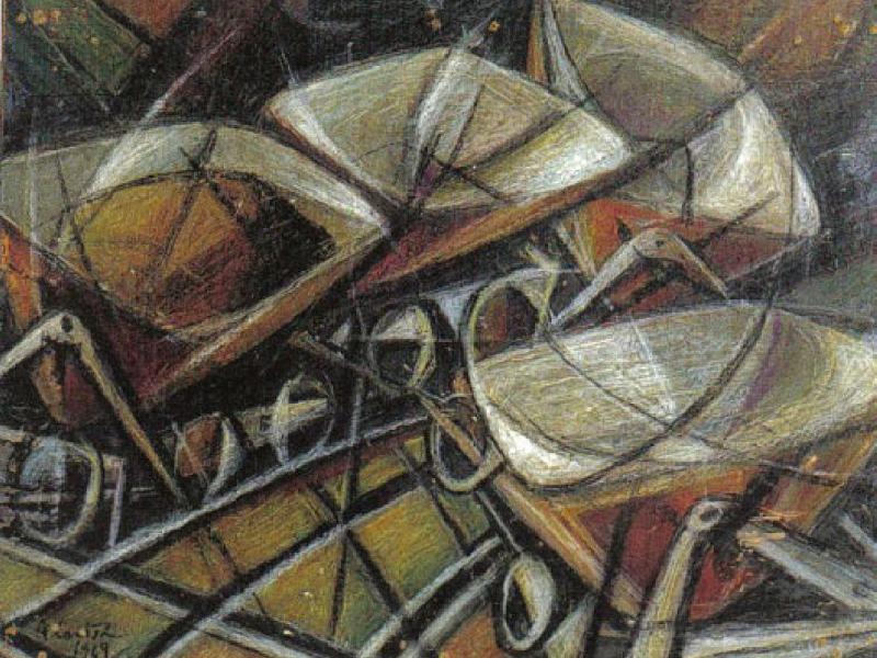 I carrelli della fornace, 1969. Tecnica mista su masonite, cm.-58x46