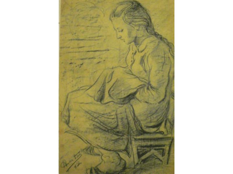 Ragazza con lo scaldino sotto il grembiule, 1942. Matita blu su carta, cm. 42,3x30,2