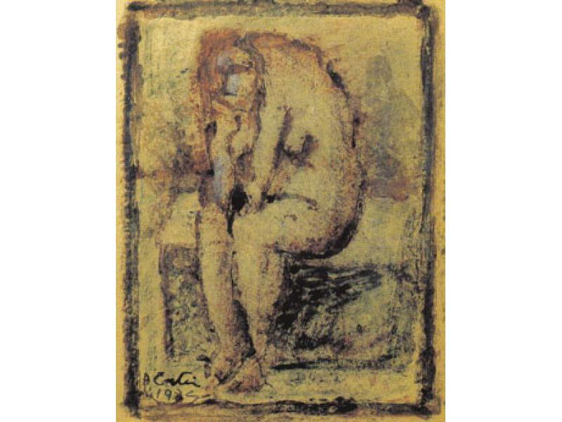 Figura seduta, 1984. Tecnica mista su carta, cm 39,4x30,4