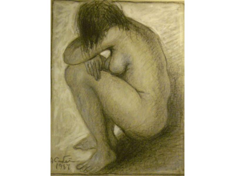 Nudo accovacciato, 1987. Carboncino e tempera bianca su carta, cm. 60x48