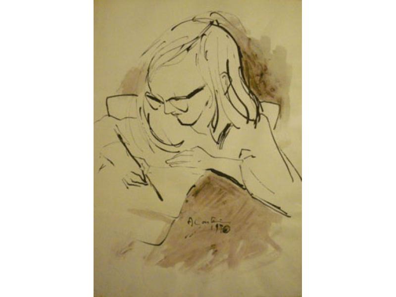 Serena che scrive, 1970. China su carta, cm. 47x33