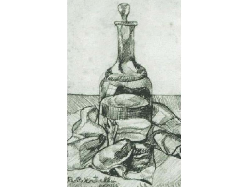 Bottiglia e cipolla, 1925,<br> matita su carta, mm. 140x90