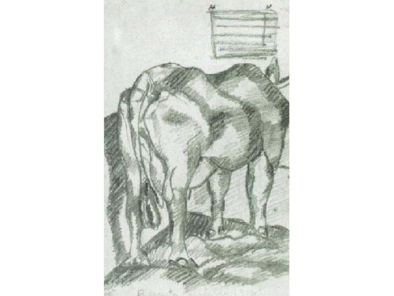Mucca nella stalla, 1918,<br> matita copiativa bleu su carta,  mm. 180x110
