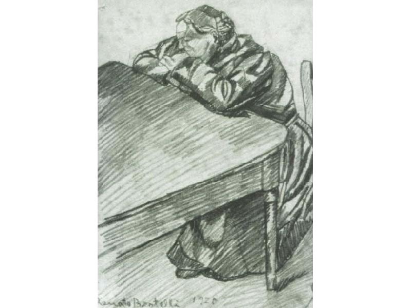 Donna alla tavola,1920,<br> matita su carta, mm.155,5x115