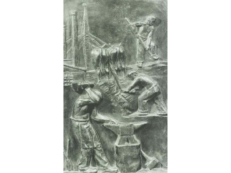 La ricostruzione, anni 50-60, gesso patina bronzo, cm. 71