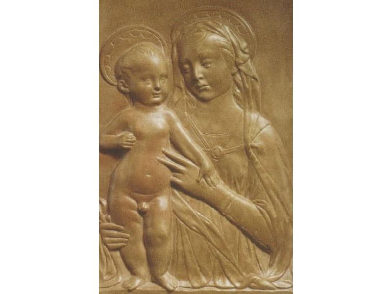 Madonna col Bambino, bassorilievo in terracotta patinata, cm. 43,5