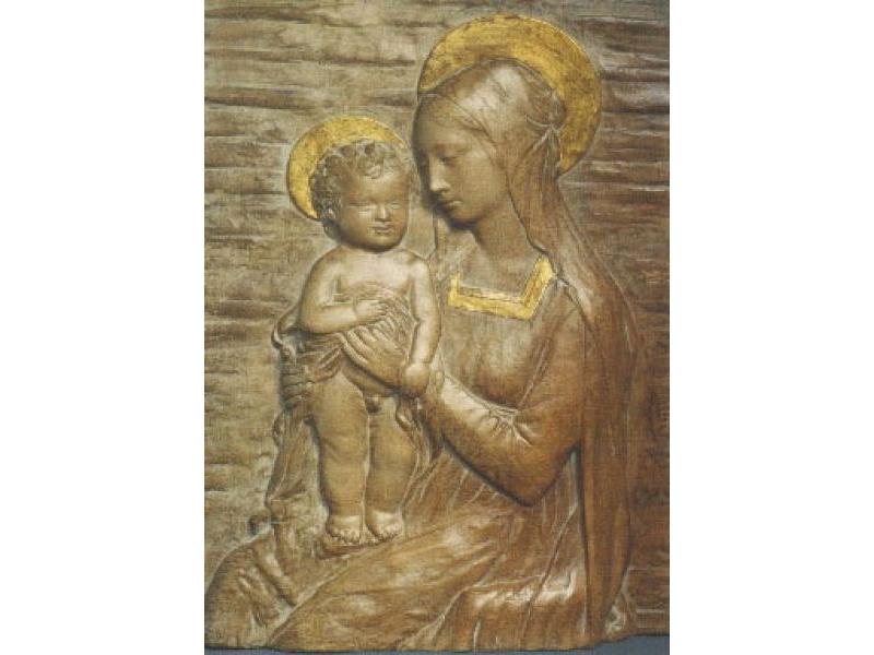 Madonna col Bambino, terracotta patinata con particolari in oro, cm. 56