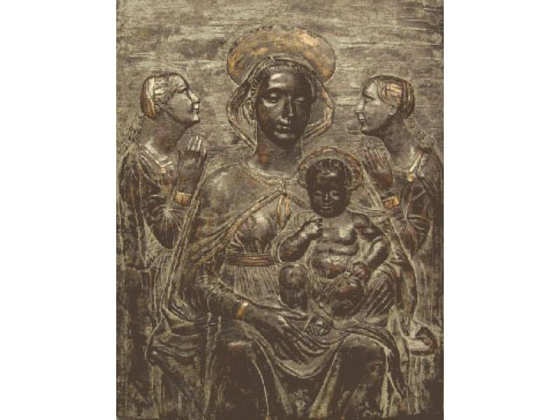 Madonna col Bambino fra due oranti (1928) terracotta patina bronzo