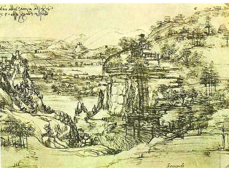 Paesaggio con valle dell'Arno,<br>penna su carta 19,5 x 28,5