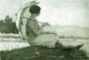 1926. Gerbina seduta con ombrellino, cupoli, Lastra a Signa. Acquarello monocromo 16x11