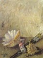 Conchiglie, pennelli e tubetto di colore, 1991. Olio su masonite, cm 60x41